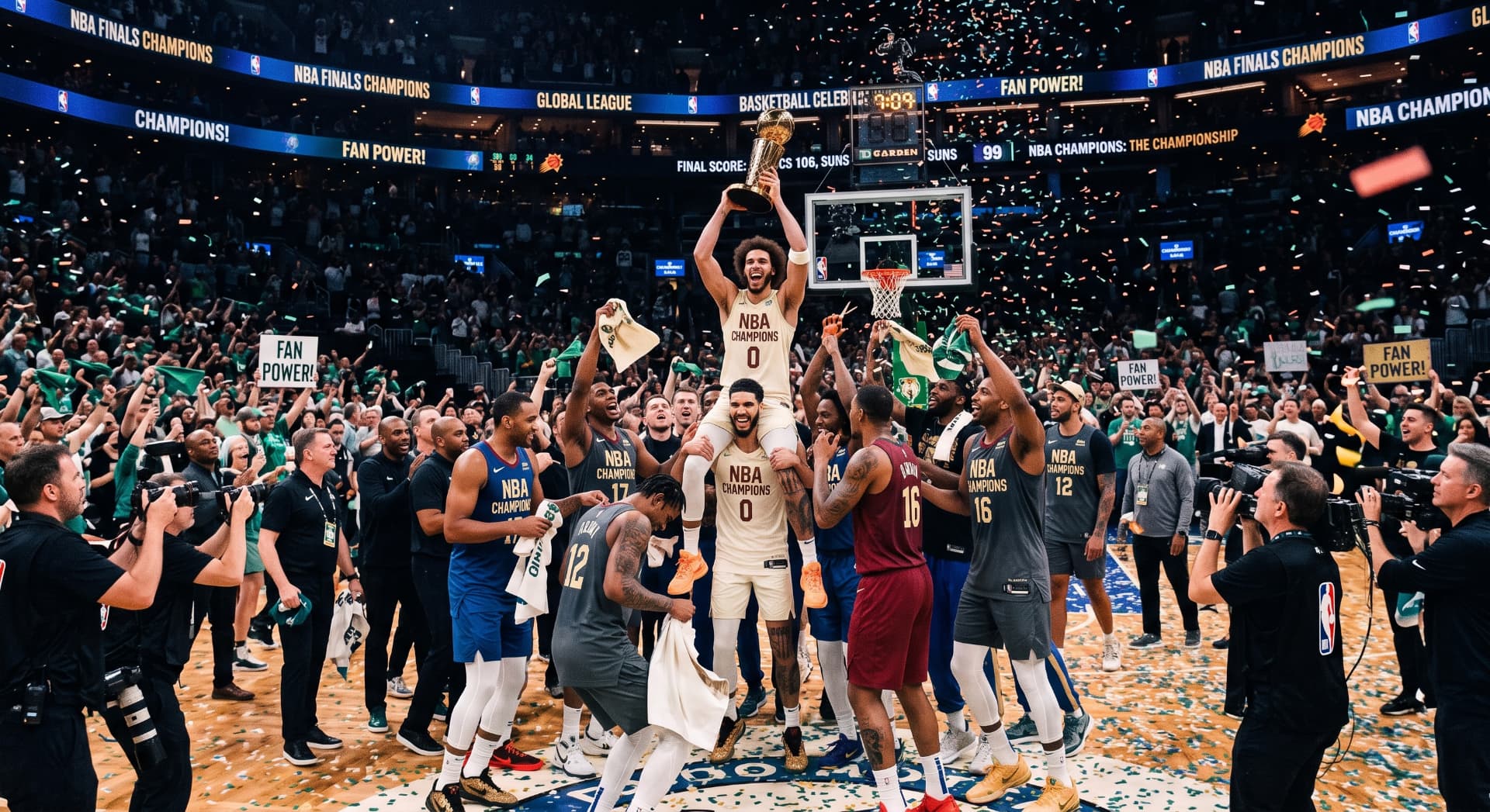 Championship celebration: a team lifting the trophy amid confetti